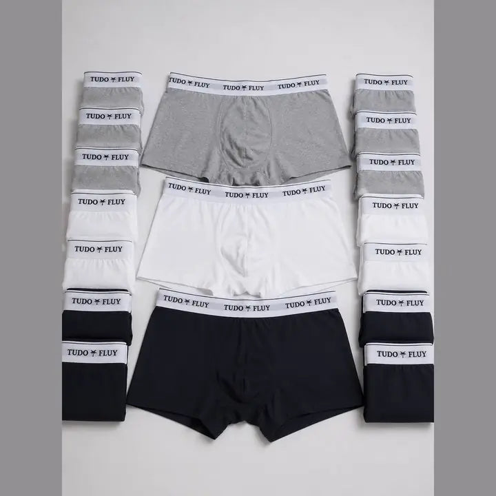Kit 30 cuecas boxer TUDO FLUY - preta, branca e cinza