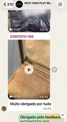 Print do grupo TUDO FLUY #015: vídeos do pedido e agradecimento do cliente