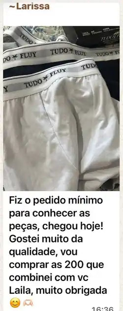 Print do grupo de atacado TUDO FLUY: feedback da revendedora Larissa