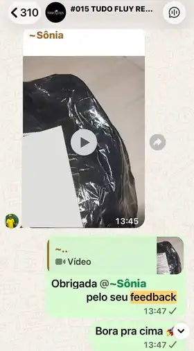 Print do grupo TUDO FLUY #015: vídeo de feedback da cliente Sônia