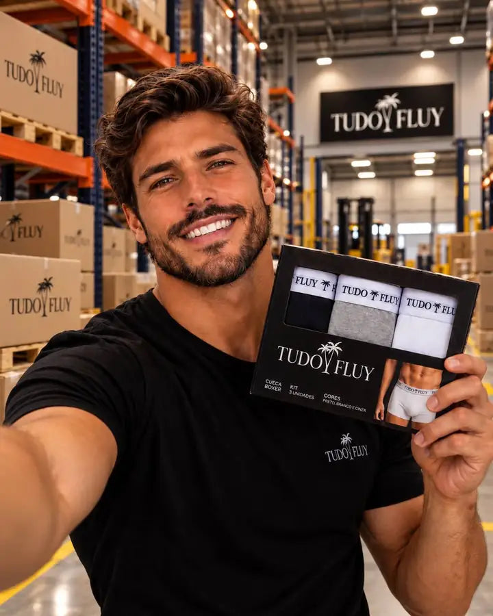 Modelo segurando o Kit 3 TUDO FLUY na caixa, no galpão de estoque da TUDO FLUY